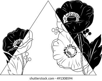 Poppy flowers and triangle prism - hand drawn vector illustration. Black and white pattern. Inverted colours. Trendy image for cowers, t-shirt prints, tattoo