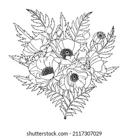 Poppy flowers vector bouquet. Linear illustration black on white.