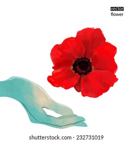 Poppy and hands oil on canvas. Vector. Eps 10.