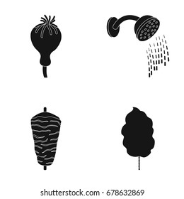 Poppy head, shower and other web icon in black style. meat on a spit, sweet cotton icons in set collection.