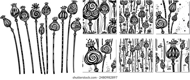Poppy Heads Stencil and Seamless Patterns, Handmade vector not AI