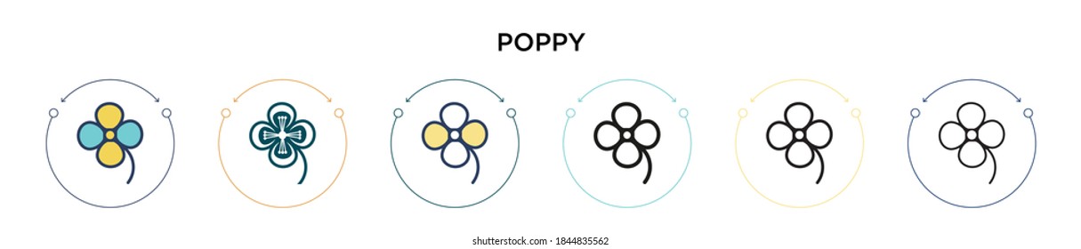 Poppy Icon in vollem, dünnen Linie, Umriss und Strich Stil. Vektorgrafik von zwei farbigen und schwarzen Mohnvektor-Symbolen kann für mobile, iPhone-, web-basierte