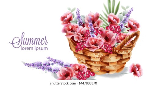 Poppy and lavender flowers in a basket Vector watercolor. Colorful summer decoration