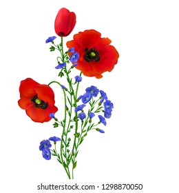 Poppy. Linen. Bouquet of flax and poppy flowers. Beautiful bright realistic flowers of red color on a white background. Vector illustration.