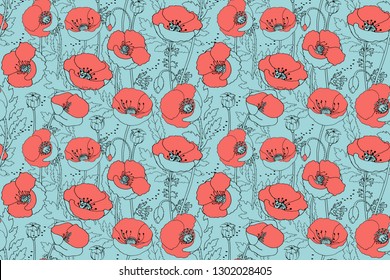 Poppy meadow. Vector seamless floral pattern. Art print with flowers. Use color from pantone 2019, color harmonies "Ander the sea": living coral and limpet shell.