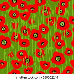 Poppy on green background. Natural seamless pattern.