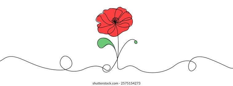 Poppy one line drawing. Abstract flower continuous line. Minimalist contour drawing of red poppy seed. Continuous line drawing of flower poppy seed.Hand drawn sketch of flower with leaves.