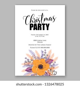 Poppy orange anemone Wedding invitation  wild free rustic  floral vector template