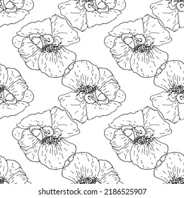 the poppy pattern. a pattern of a painted poppy flower in sketch style, black outline often on white for a design template. summer wild flower often top view vector seamless