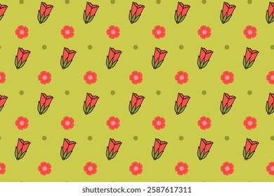 poppy petal with dot and flower colorful seamless pattern on green background. poppies flower doodle illustration pattern background. poppy petal flowers background for florist decor and merchandise