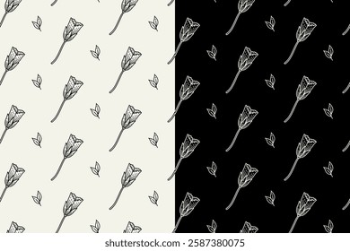 poppy petals with leaves doodle seamless pattern on black white background set. poppies petal flower engraving pattern background. retro poppy flower with leaves background for florist merchandise