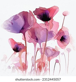  Poppy Petals,pink , purple, watercolor style