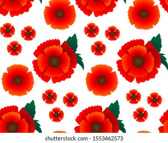 Poppy red flower seamless pattern, vector illustration,  floral background for textile, printing, summer dress, Remembrance day as symbol of peace, garden bouquet shop ad, botanical colorful wallpaper
