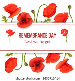 Poppy red flowers card template with copy space on stripe. Remembrance Day. Stems, leaves and pods. For aromatherapy, postcards, packaging, cards, perfumery, cosmetics. flowers frame top and bottom.