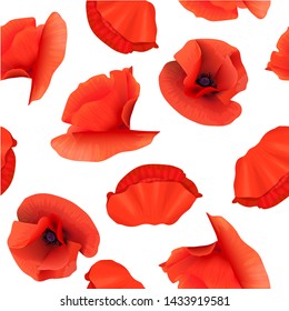 Poppy red flowers Seamless pattern. Vector illustration. Papaveroideae. Papaver somniferum. cards invitation decoration. For food, medicine, aromatherapy, perfumery cosmetics