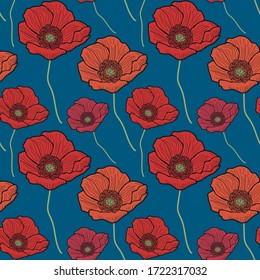 Poppy red seamless pattern in vector on a blue background