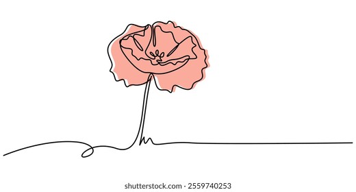 Poppy, Remembrance Day or Veterans Day Continuous Line Drawing with Editable Stroke and Copy Space, Elegant Continuous Line Drawing of Poppy Flower in Black with Red Brushstrokes for Petals.