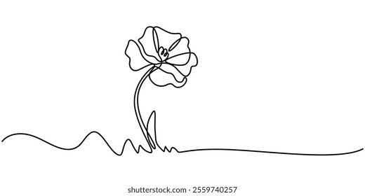 Poppy, Remembrance Day or Veterans Day Continuous Line Drawing with Editable Stroke and Copy Space, Elegant Continuous Line Drawing of Poppy Flower in Black with Red Brushstrokes for Petals.