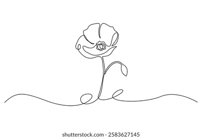 Poppy, Remembrance Day or Veterans Day Continuous Line Drawing, One line poppy flower drawing, continuous single line drawing of red wild flower, colored corn poppy line art vector illustration.