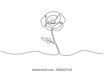 Poppy, Remembrance Day or Veterans Day Continuous Line Drawing, One line poppy flower drawing, continuous single line drawing of red wild flower, colored corn poppy line art vector illustration.