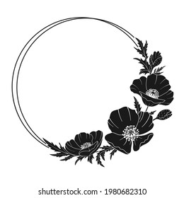 Poppy round frame. Flowers, buds, leaves of poppy and the frame in the form of a circle. Hand drawn black vector illustration on white background for your design.