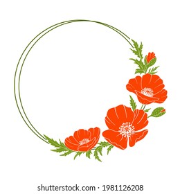 Poppy round frame. Flowers, buds, leaves of poppy and the frame in the form of a circle. Hand drawn color vector illustration for your design.