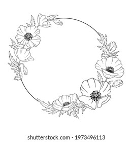 Poppy round wreath in botanical line art style. Flowers, buds, leaves of poppy and the frame in the form of a circle. Hand drawn vector illustration for your design.
