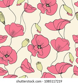 Poppy seamless flower pattern summer floral background spring decoration nature poppies wallpaper vector illustration. Red fabric blossom plant texture garden petal poppy bloom.