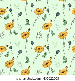 Poppy seamless pattern. Hand drawn floral pattern with wild flowers. Vector illustration