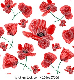 Poppy seamless pattern. Red poppies on white background. Flower poppy for textile, wallpapers, wrapping paper, prints and web design. Vector illustration.