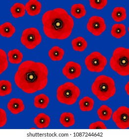 Poppy seamless pattern. Red poppies on blue background. Can be uset for textile, wallpapers, prints and web design. Vector illustration