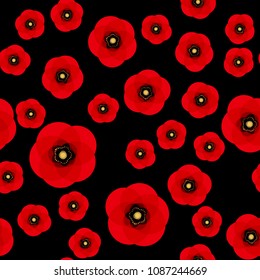 Poppy seamless pattern. Red poppies on black background. Can be uset for textile, wallpapers, prints and web design. Vector illustration