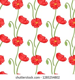Poppy seamless pattern. Red poppies with green leaves on white background. Can be uset for textile, wallpapers, prints and web design. Vector illustration