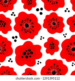 Poppy seamless pattern. Red poppies on white background. Can be uset for textile, wallpapers, prints and web design. Vector illustration