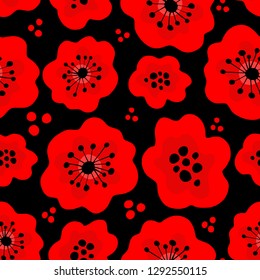 Poppy seamless pattern. Red poppies on black background. Can be uset for textile, wallpapers, prints and web design. Vector illustration