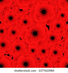 Poppy seamless pattern. Red poppies on black background. Can be uset for textile, wallpapers, prints and web design. Vector illustration