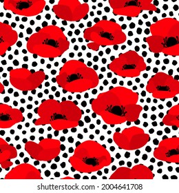 Poppy seamless pattern. Red poppies on dotted background. Texture for print, textile, packaging. Hand drawn vector illustration.