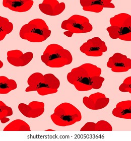 Poppy seamless pattern. Red poppies on pink background. Texture for print, textile, packaging. Hand drawn vector illustration.