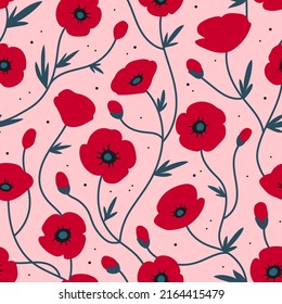 Poppy seamless pattern. Red poppies on pink background. Texture for print, textile, packaging. Hand drawn vector illustration.