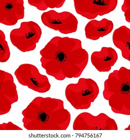 Poppy seamless pattern. Red poppies on white background. Can be uset for textile, wallpapers, prints and web design. Vector illustration

