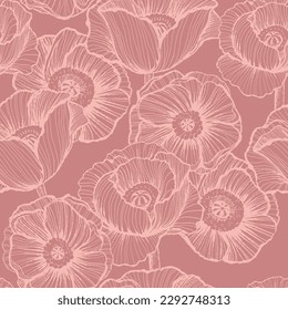 Poppy seamless pattern in soft powdery pink colors. Repeat floral ornament. Endless flowers print. Flower linear illustration. Poppies bloom wallpaper for fashion textile, wrapping paper, girl clothes