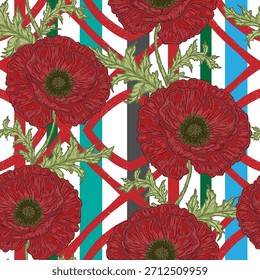Amapola. Patrón sin fisuras. Esta ilustración vintage está dibujada a mano en un estilo incompleto con líneas de contorno limpias y pinceladas brillantes y texturizadas.