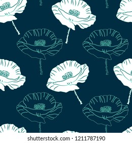 Poppy seamless pattern. Vector flowers on blue background
