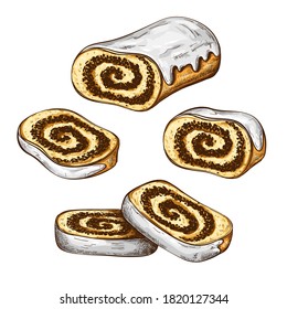 poppy seed cake or strudel with slices colored sketch isolated on white. drawing of bun or roll filled with poppy. vintage pastry icon. polish traditional dessert vector illustration. Christmas cake