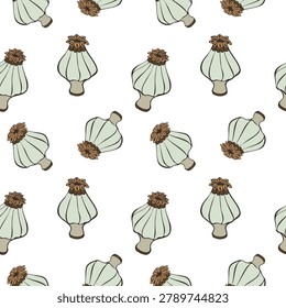 Poppy seed heads seamless pattern. Vector hand drawn botanical background with dry poppypods isolated on white. Organic floral textile or wallpaper design