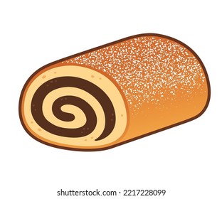 Poppy seed roll with powdered sugar, traditional sweet pastry. Cartoon drawing, vector clip art illustration.