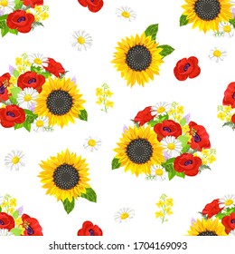 Poppy, sunflower and daisy seamless pattern. Summer yellow and red wild flowers and green leaves isolated on white background. Vector floral illustration. Flowering meadow in cartoon flat style.