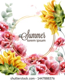 Poppy and sunflowers card Vector watercolor. Summer floral decor frame