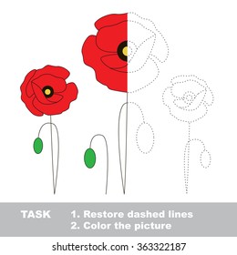 Poppy in vector colorful to be traced. Restore dashed line and color the picture. Worksheet to be colored.