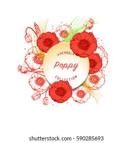 Poppy vector. Decorative floral  wreath of poppy and button with words for web, branding design, medicine,  body care products, natural and eco products, stickers, packaging and much more.